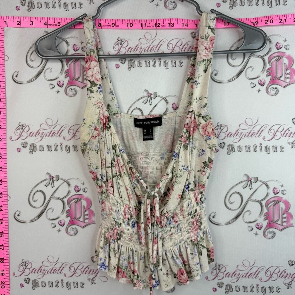 Streetwear Society tank top cropped Cream Floral Smocked Cami with Pink Roses